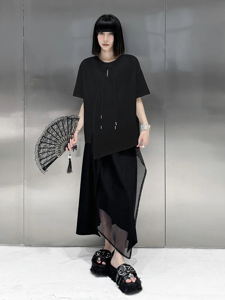 XITAO Asymmetrical Hollow Out O-neck T-shirts Solid Color O-neck Pullover Short Sleeve Loose Tops 2024 Summer New Casual ZY8710