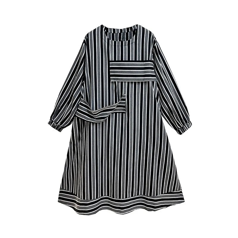 XITAO Contrast Color Women Long Sleeve Dress 2024 Autumn Casual O-neck Pullover Patchwork Loose A-line Striped Dress LJ1074