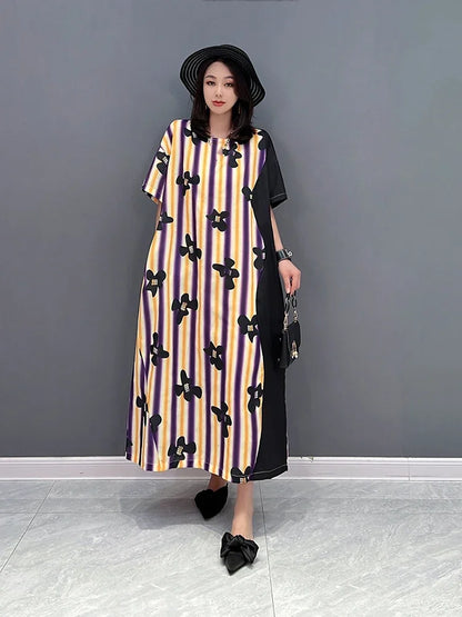 XITAO Fashion Striped Print Dress Loose Casual Simplicity Contrast Color Women T-shirt Dress Temperament Summer New ZY7275