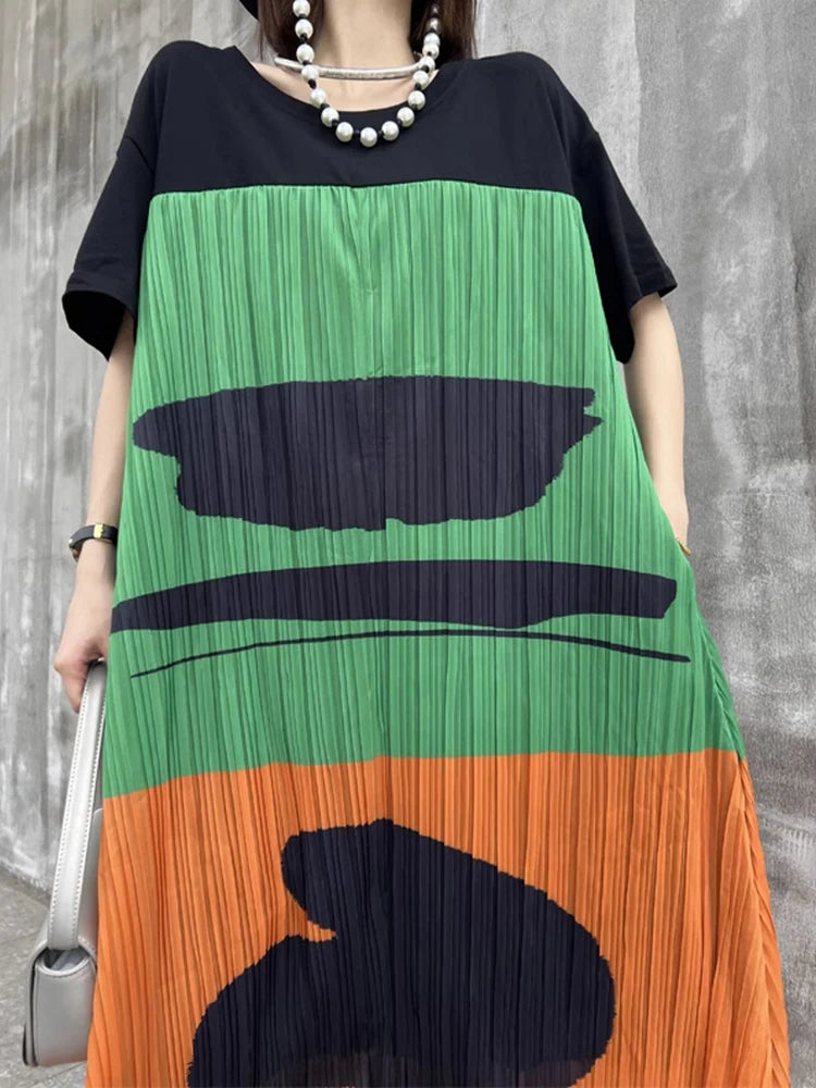 XITAO Short Sleeve O-neck Contrast Color A-line Dress Fashion Patchwork Pleated Loose Slimming Women Summer New Dress LYD1884