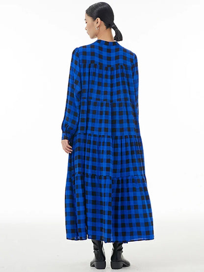 XITAO Plaid Patchwork Stand Collar Dresses Contrast Color Single Breasted Loose Mid-calf Slimming Long Sleeve Dress New DMJ3419