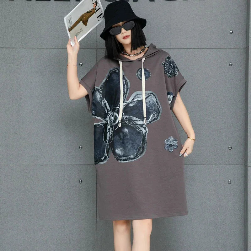 XITAO Hooded Print Flower Half Sleeve Dress Casual Loose Fitting A-line Knee-length Pullover Simple Summer Women Dress GMM1324