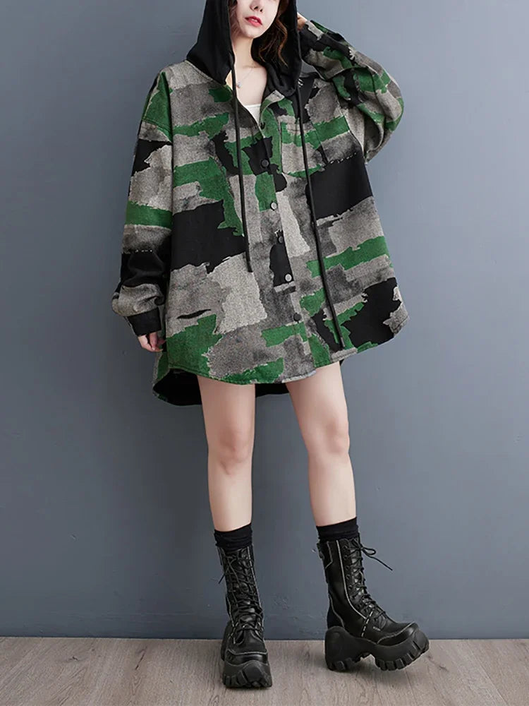 XITAO Camouflage Hooded Single Breasted Jackets Long Sleeve Vintage Loose Fashion Slimming 2024 Spring New Casual  LYD1477