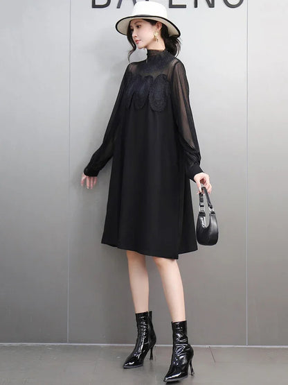 XITAO Casual Loose Fit Solid Color O-neck Dress Mesh Patchwork Lace Full Sleeve Knee-length Straight Autumn Female Dress GMM1092