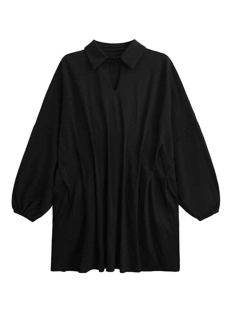 XITAO Hollow Out Batwing Sleeve Lapel Dress Casual Loose Fitting A-line Full Sleeve Elegant Turn-down Collar Women Dress GYX1700