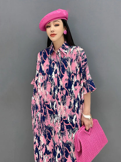 XITAO Print Turn-down Collar Single Breasted Dresses Short Sleeve Pocket Mid-calf Loose Shirt Dress 2024 Summer Casual ZY8754