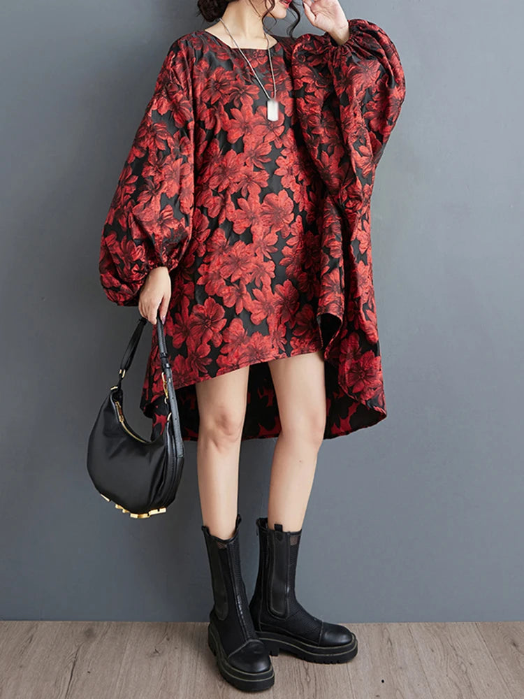 XITAO Loose Temperament Dress Casual Fashion Lantern Sleeve Women Autumn New Simplicity Asymmetric Trend O-neck Dress HQQ2397