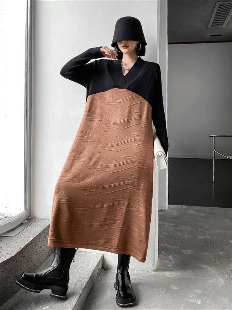 XITAO Hit Color Dress Fashion Women Pullover Pleated Knitted Full Sleeve 2024 Spring Minority Loose Elegant Dress WLD9276