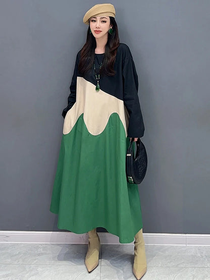 XITAO O-neck Patchwork A-line Dress Long Sleeve Loose Casual All-match Goddess Style Spring Women New Dress DMJ3968