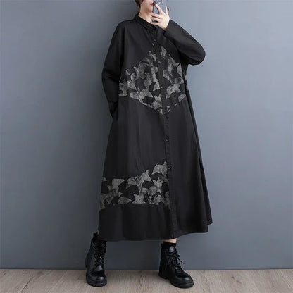 XITAO Asymmetrical Print Korea Shirt Dresses Contrast Color Single Breasted Turn-down Collar Autumn New Casual Loose DMJ2852