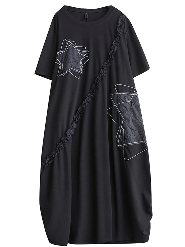 XITAO Black Draw String Lace-up T-shirt Dress Casual Loose Asymmetrical Edible-tree Fungus Splicing Decorate New Dress DMJ4149