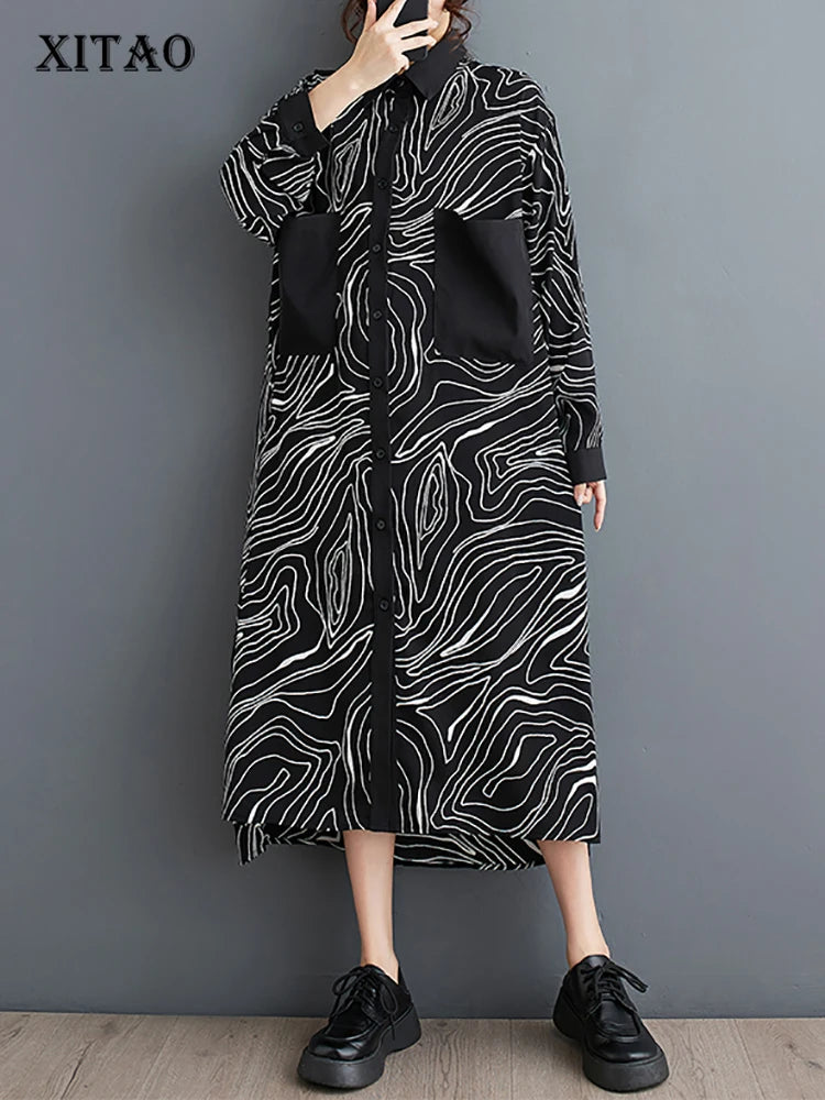 XITAO Patchwork Printing Loose Dress Turn-down Collar Full Sleeve Casual Big Pocket Spring Fashion Women New Dress LYD1702