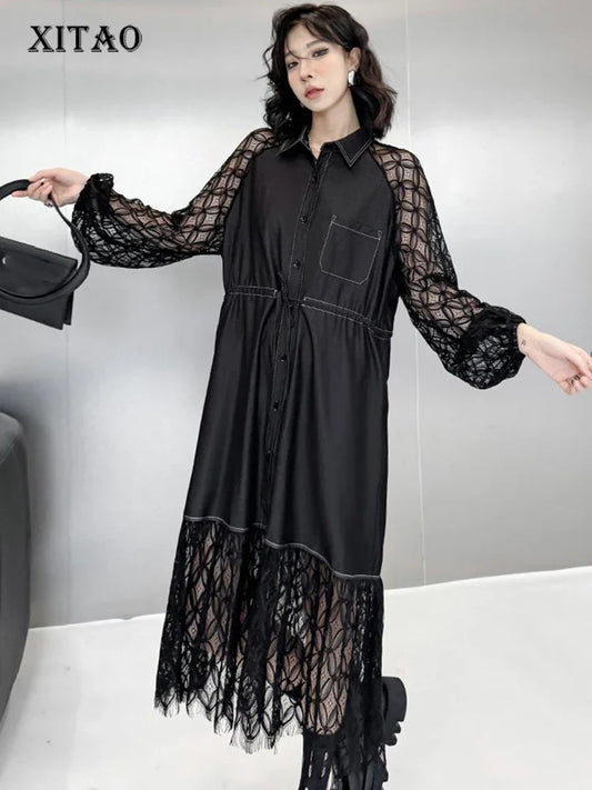 XITAO Patchwork Lace Irregular Dress Casual Loose Fitting A-line Turn-down Collar Mid-calf Hong Kong Autumn Women Dress GMM1190