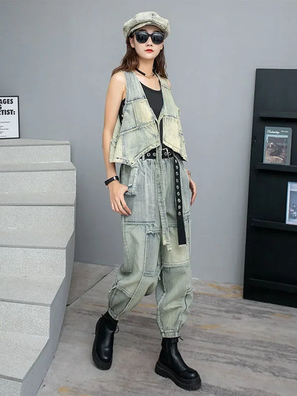 XITAO Vintage Denim Pants Sets Irregular Sleeveless Vest Harem Pants Two Pieces Sets Fashion 2024 Summer New Women SMH1630