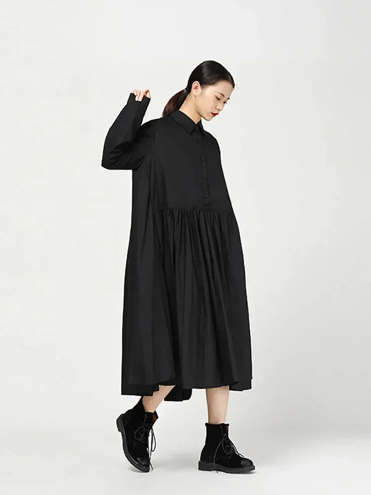 XITAO Pleated Midi Dress Women Korea Fashion New Spring Turn Down Collar Patchwork Elegant Minority Shirt Dress LJT4152