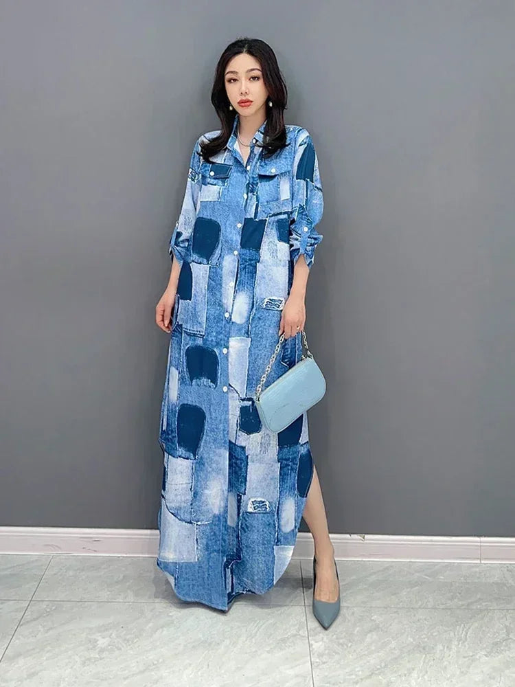 XITAO Color Block Print Shirt Dress Appear Thin Fashion Casual Loose Temperament Turn-down Collar Single Breasted Dress HQQ0427