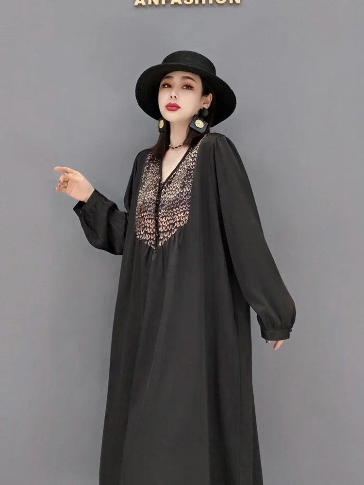 XITAO Casual Loose Dress Fashion Print Splicing V-neck Collar Pullover Long Sleeve New Women Pleated Big Hem Women WMD4965