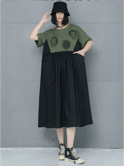 XITAO Contrast Color Patchwork False Two Pieces Dress Fashion Casual Loose A-line Mid-calf O-neck Summer Women Dress GMM1278