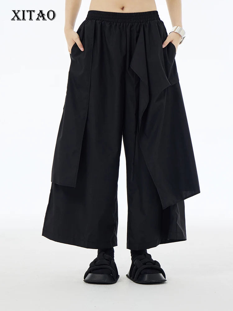 XITAO Lace-up Patchwork Female Wide Leg Pants Asymmetrical Solid Color Loose Fashion Casual Women Pants 2024 Summer New ZY8824