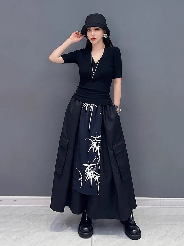 XITAO Personality Casual Female Wide Leg Pants Loose Fashion Loose Women Bamboo Leaf Print Patchwork Pants Spring New LYD1546