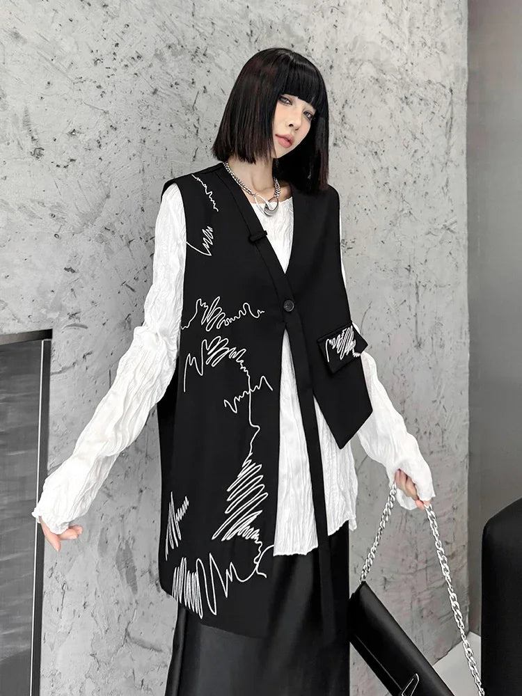 XITAO Irregular Embroidery Tape Casual Vest Loose Fitting Fashion Personality One Button V-neck Autumn Female Vest GMM1217