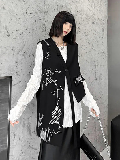 XITAO Irregular Embroidery Tape Casual Vest Loose Fitting Fashion Personality One Button V-neck Autumn Female Vest GMM1217