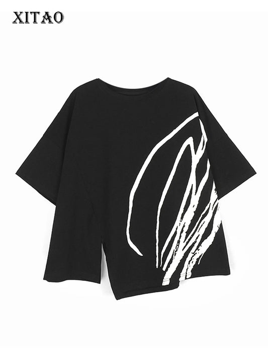 XITAO Asymmetrical T-Shirts Women Summer New Arrival Personality Fashion Loose O-neck Short Sleeve WLD16669