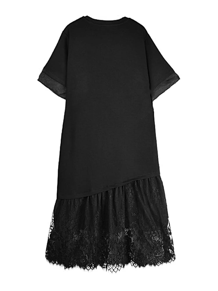 XITAO Black Casual Dress Loose Fashion Lace Patchwork Hem Loose Simplicity Women New Short Sleeve T-shirt Dress HQQ2330