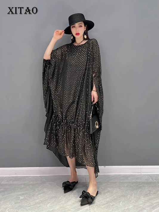 XITAO Batwing Sleeve Asymmetrical Dresses Wave Point O-neck Pullover A-line Mid-calf Slimming Women Dress Summer Fashion ZY8697