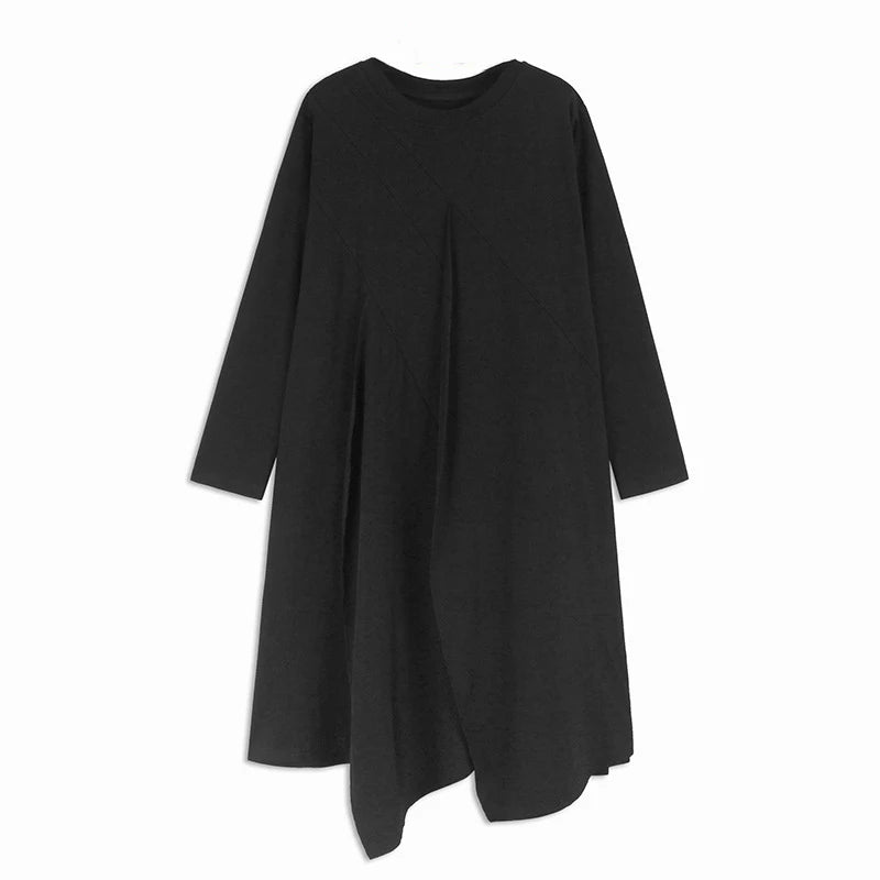 XITAO Asymmetrical Solid Color Patchwork Dresses O-neck Pullover Long Sleeve Loose Casual Slimming Dress 2024 Autumn New GJ1096