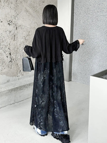 XITAO Black Lace Patchwork Long Dress Solid Color V-neck Full Sleeve Pullover Temperament Elegant Fashion Women New Dress LYD1806