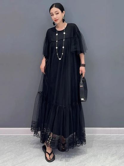 XITAO Black Gauze Patchwork O-neck Pullover Dresses Short Sleeve Loose Temperament Slimming Summer New All Match ZY8865