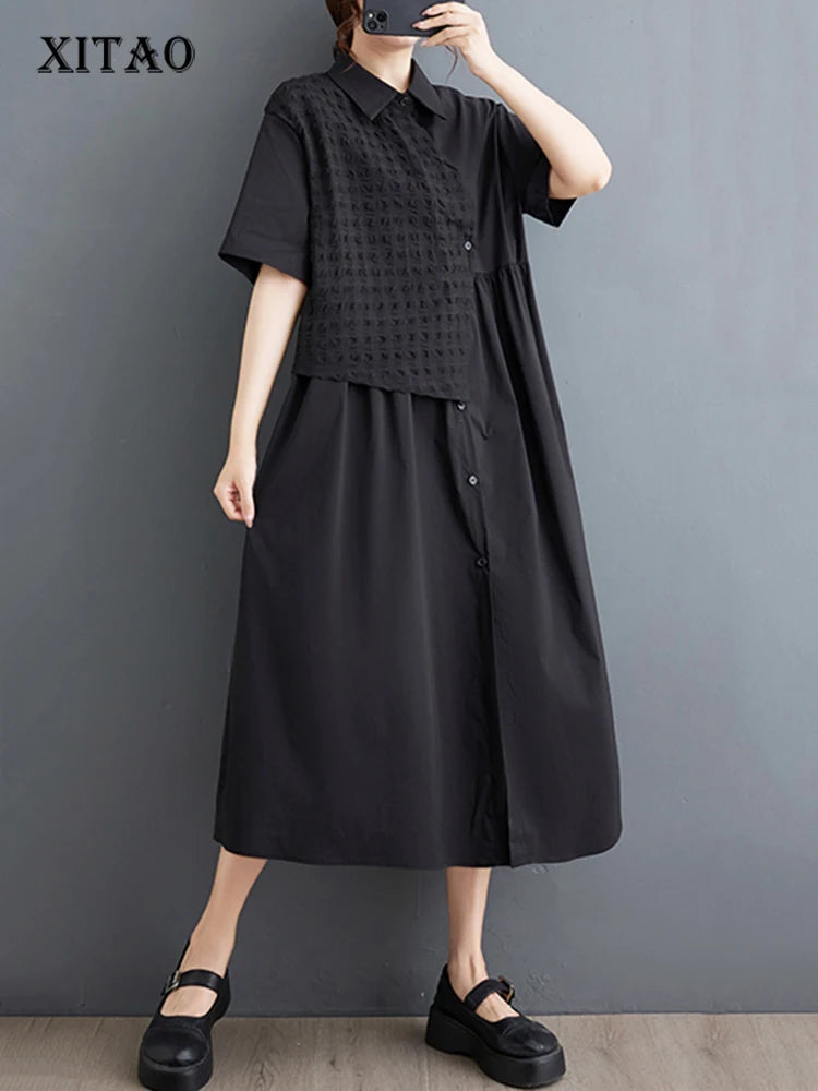 XITAO Asymmetrical Patchwork Lace-up Female Dress Black Fashion Loose Shirt Sleeve Shirt Dress 2024 Summer New Women WLD20199