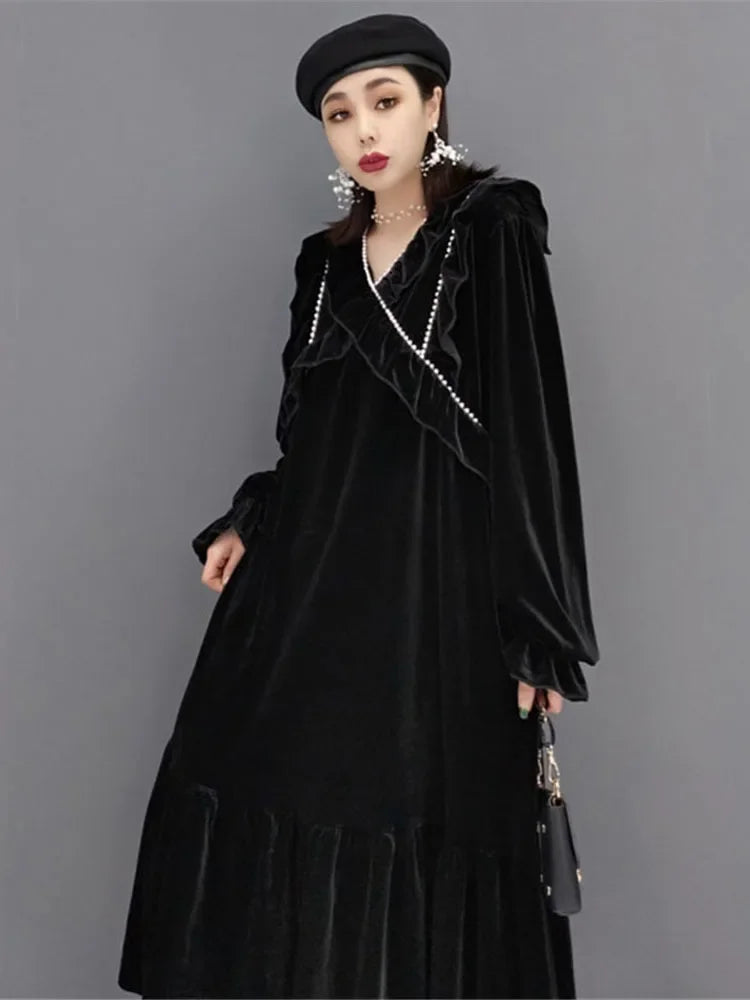 XITAO French Retro Dresses Fashion New Black Temperament V-neck Pullover Patchwork Edible Tree Fungus Loose Long Women WMD4344