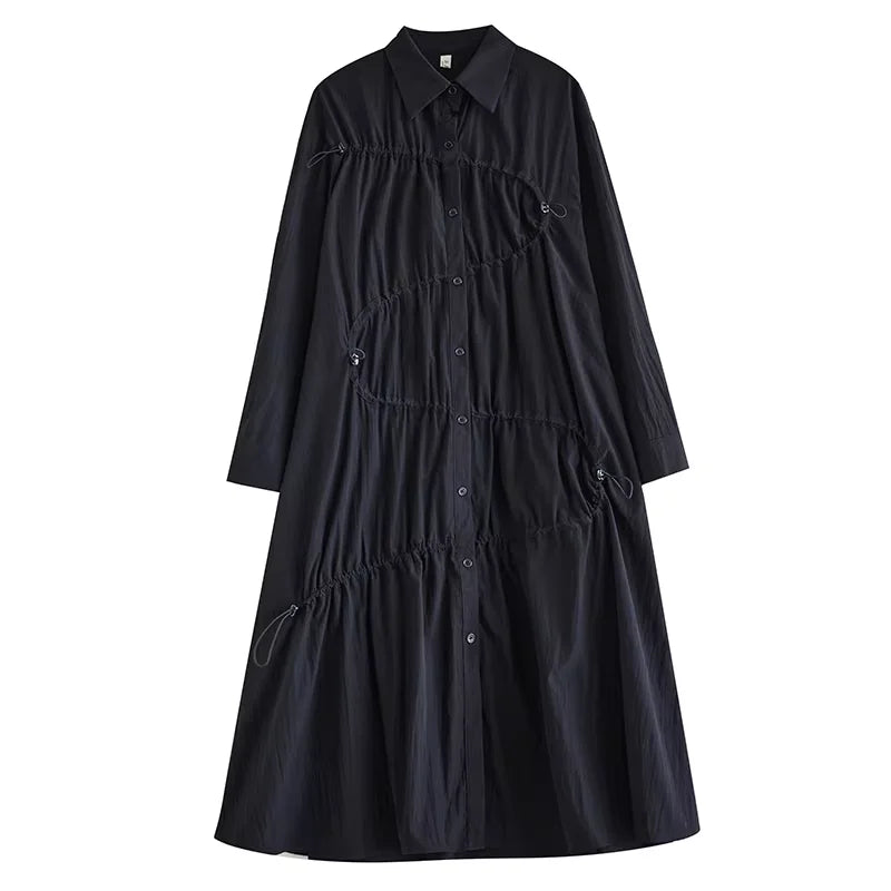 XITAO Loose Solid Draw Pleated Shirt Dress Single Breasted Turn-down Collar Mid-calf Full Sleeve Casual All Match Dress ZYY1004