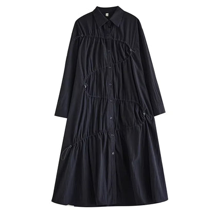 XITAO Loose Solid Draw Pleated Shirt Dress Single Breasted Turn-down Collar Mid-calf Full Sleeve Casual All Match Dress ZYY1004