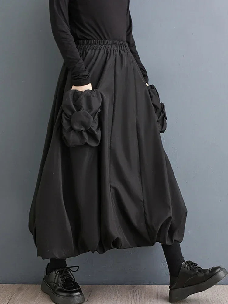 XITAO Three Dimensional Decoration Female A-line Skirt Patchwork Pleated Elastic Waist Solid Simplicity Women Skirt DMJ3413