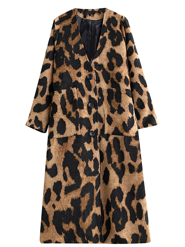 XITAO Leopard V-neck Single Breasted Blends Vintage Long Sleeve Wide Waist Mid-calf All Match Coat 2024 Autumn Fashion ZY8909