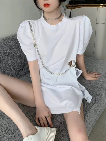 XITAO Fashion Casual T-shirt Chain Splicing Slit Women Personality Top Summer New Solid Color Street Trendy T-shirt LYD1386