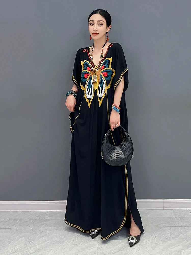 XITAO Bat Wing Sleeve Dress Embroidery Butterfly Pattern Loose Fashion Contrast Color Casual Dress Summer New Women LYD1735