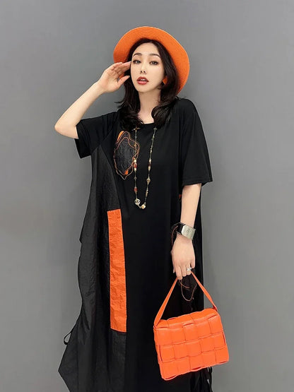 XITAO Black Casual Dress Loose Fashion Irregular Draw String Folds Patchwork Dress 2023 Summer Simplicity New Women WLD11248