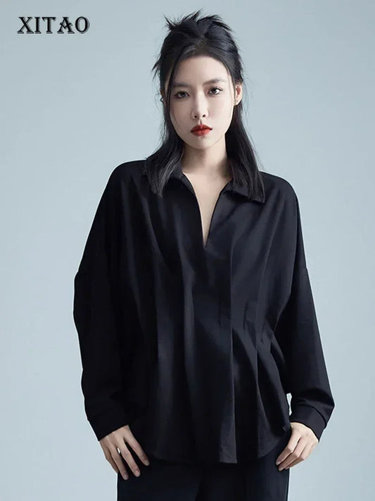 XITAO Black Women Blouse Casual Bat Wing Sleeve V-neck Loose Shirt Initial Spring Fashion New Simplicity Pullover Top ZZ0308