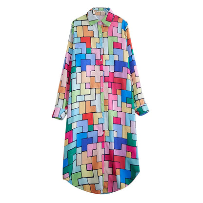 XITAO Geometric Print Shirt Dress Contrast Color Fashion Loose Casual Long Sleeve Women Casual Dress 2024 Summer New WLD20244