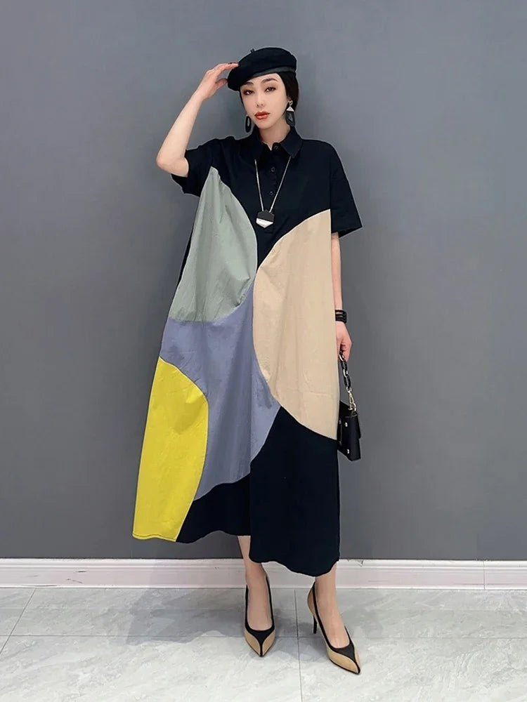 XITAO Contrast Color Print Shirt Dress Simplicity Fashion Loose Short Sleeve Turn-down Collar Dress 2023 Summer New ZY8451