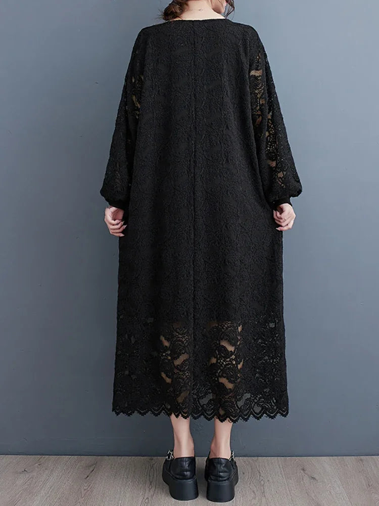 XITAO Lace Patchwork V-neck Long Sleeve Dress Pullover Loose Casual Spring New Arrival Fashion Temperament All Match DMJ2338