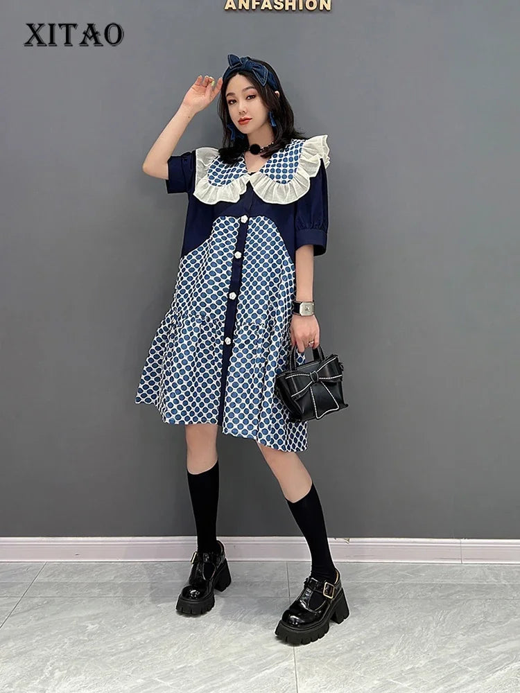 XITAO Peter Pan Collar Dress Fashion Dot Contrast Color Print Women Summer New Loose Single Breasted Cute Casual Shirt Dress ZY7256