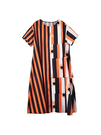 XITAO Asymmetrical Striped Patchwork Dress Loose Fashion Contrast Color O-neck T-shirt Dress Summer Simplicity New Women ZY8453