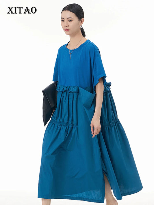 XITAO Casual Folds Dress High Opening Seam Patchwork Solid Color Loose Fashion Simplicity Women Summer New Dress  HQQ2333