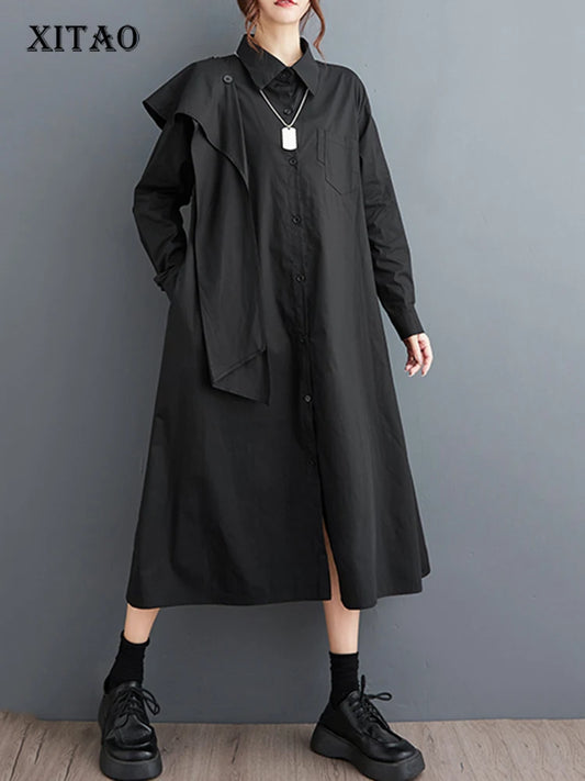 XITAO Full Sleeve Solid Color Female Shirt Dress Fashion Irregular Loose Casual Personality Temperament Women New Dress DMJ4178