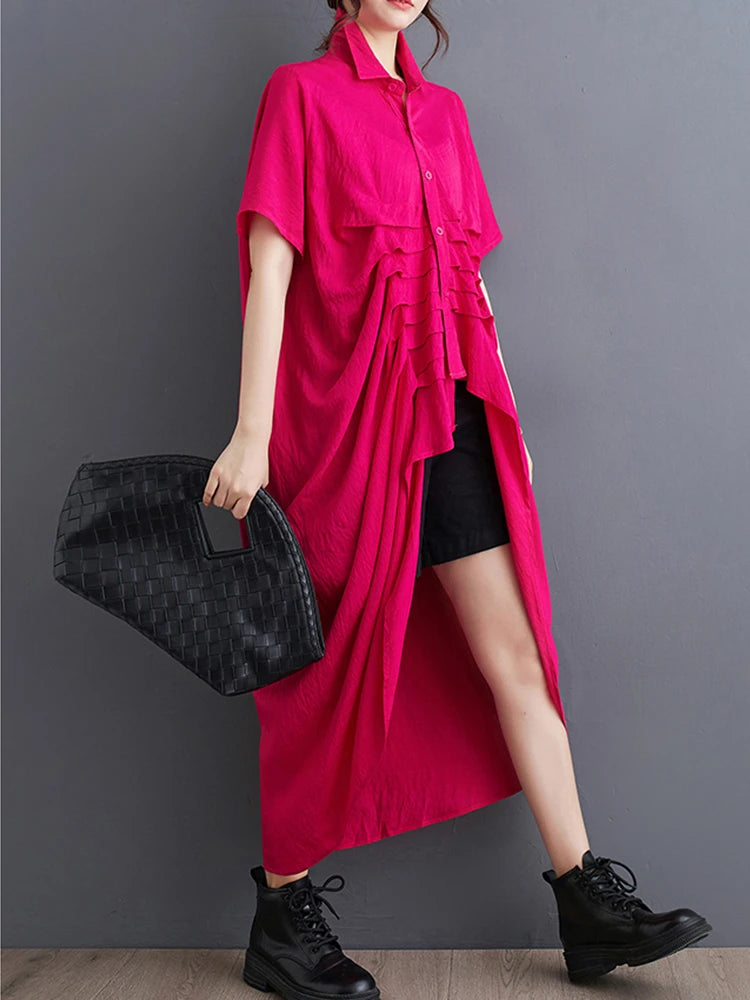 XITAO Asymmetric Single Breasted Dress Half Sleeve Casual A-line Personality Turn-down Color Solid Color Female Dress HJF1231